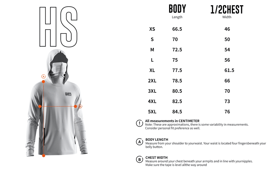 Size chart of Men's Long-Sleeve Hoodie with Pocket and Built-in Face Cover – Standard Construction (Side Panel Extends Through Underarm to Sleeve Hem).