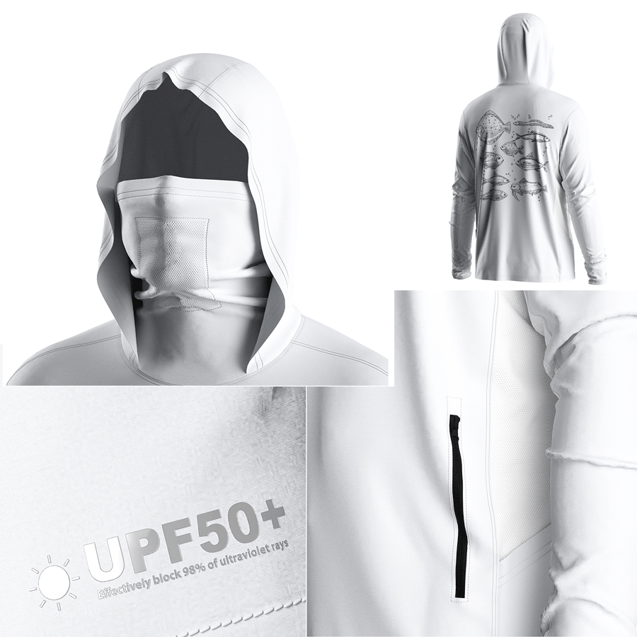 Four details of Men's Long sleeve Fishing Hood Shirt with Pocket and Built-in Face Cover (Side Panel Extends Through Underarm to Sleeve Hem)