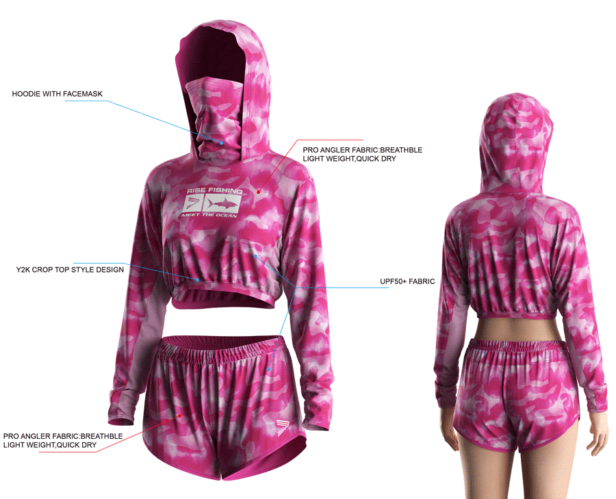 Details features, Front and back view of Women's Cropped Mask Fishing Hooded Shirts and Shorts Set.