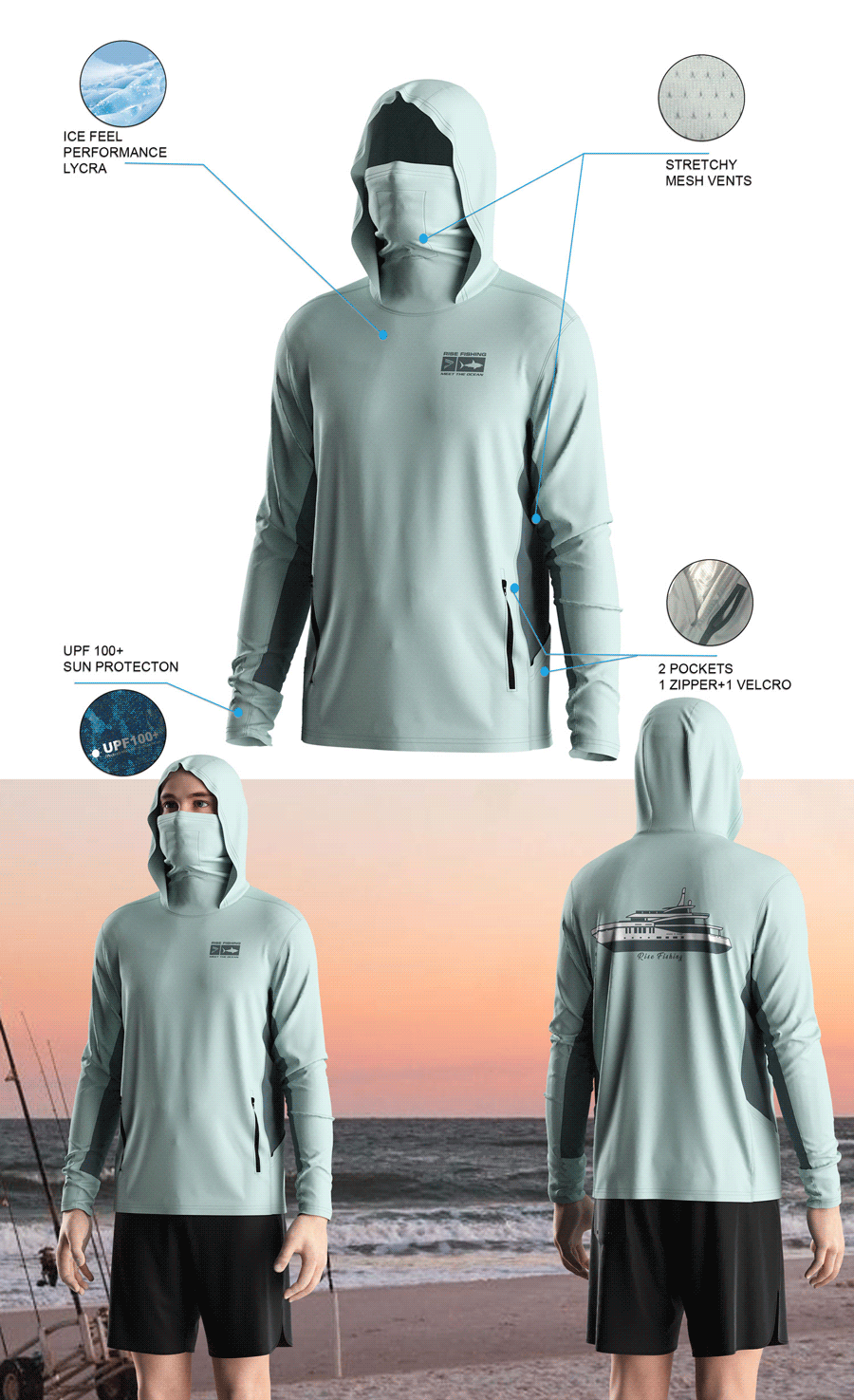 Details features of Men's Long-Sleeve Hoodie with Pocket and Built-in Face Cover – Standard Construction (Side Panel Extends Through Underarm to Sleeve Hem). Front and back view of Male model wearing hood fishing shirt w/ mask.