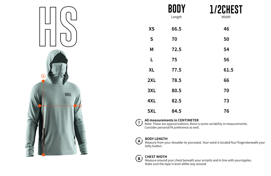 Size chart of Men's Long-Sleeve Hoodie with Pocket and Built-in Face Cover – Standard Construction (Side Panel Extends Through Underarm to Sleeve Hem).