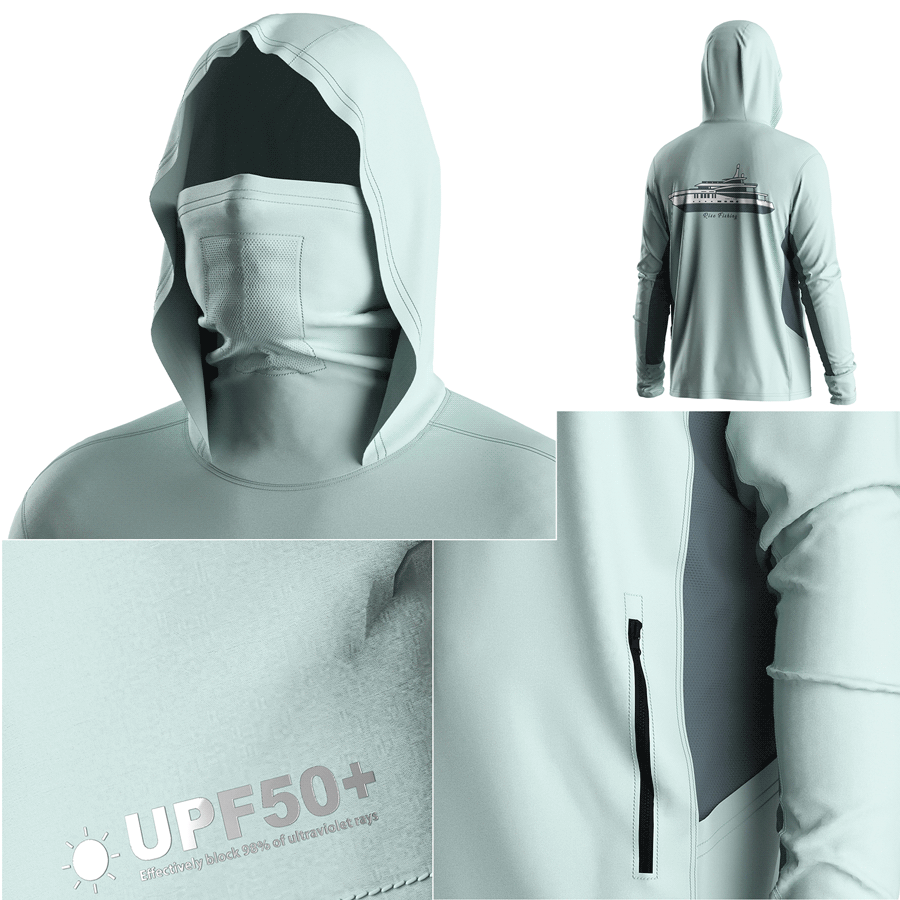Four details of Men's Long sleeve Fishing Hood Shirt with Pocket and Built-in Face Cover (Side Panel Extends Through Underarm to Sleeve Hem)