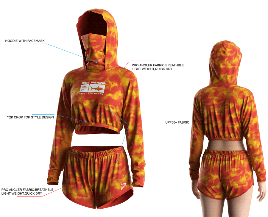 Details features, Front and back view of Women's Cropped Mask Fishing Hooded Shirts and Shorts Set.