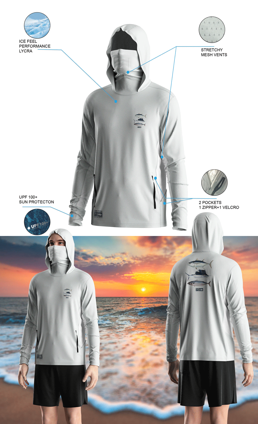 Details features of Men's Long-Sleeve Hoodie with Pocket and Built-in Face Cover – Standard Construction (Side Panel Extends Through Underarm to Sleeve Hem). Front and back view of Male model wearing hood fishing shirt w/ mask.