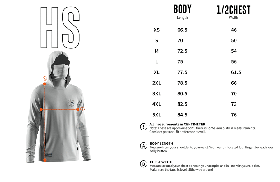 Size chart of Men's Long-Sleeve Hoodie with Pocket and Built-in Face Cover – Standard Construction (Side Panel Extends Through Underarm to Sleeve Hem).