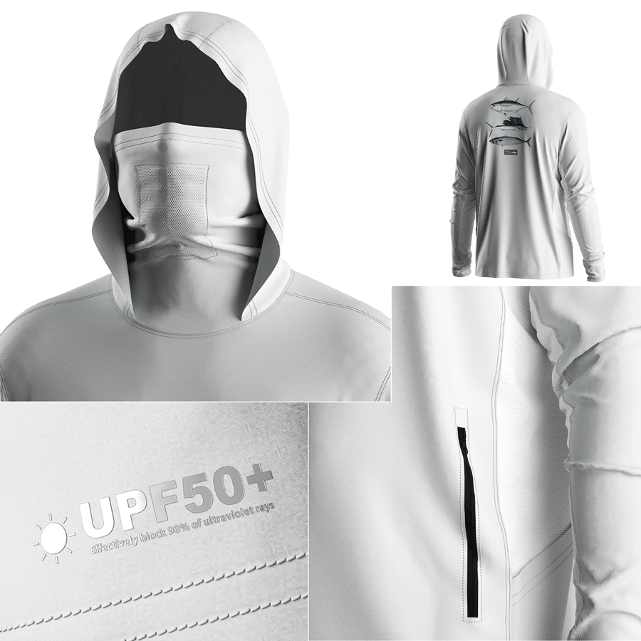 Four details of Men's Long sleeve Fishing Hood Shirt with Pocket and Built-in Face Cover (Side Panel Extends Through Underarm to Sleeve Hem)