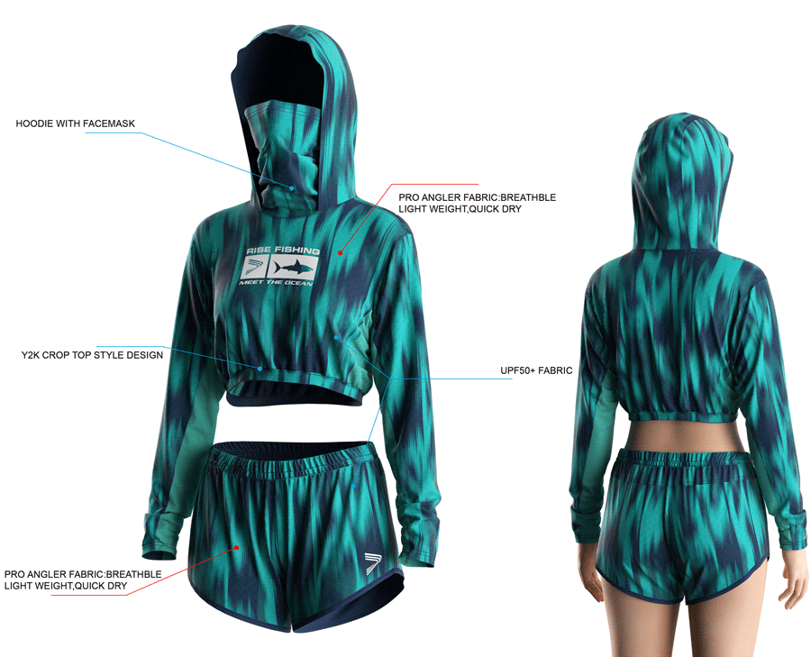 Details features, Front and back view of Women's Cropped Mask Fishing Hooded Shirts and Shorts Set.