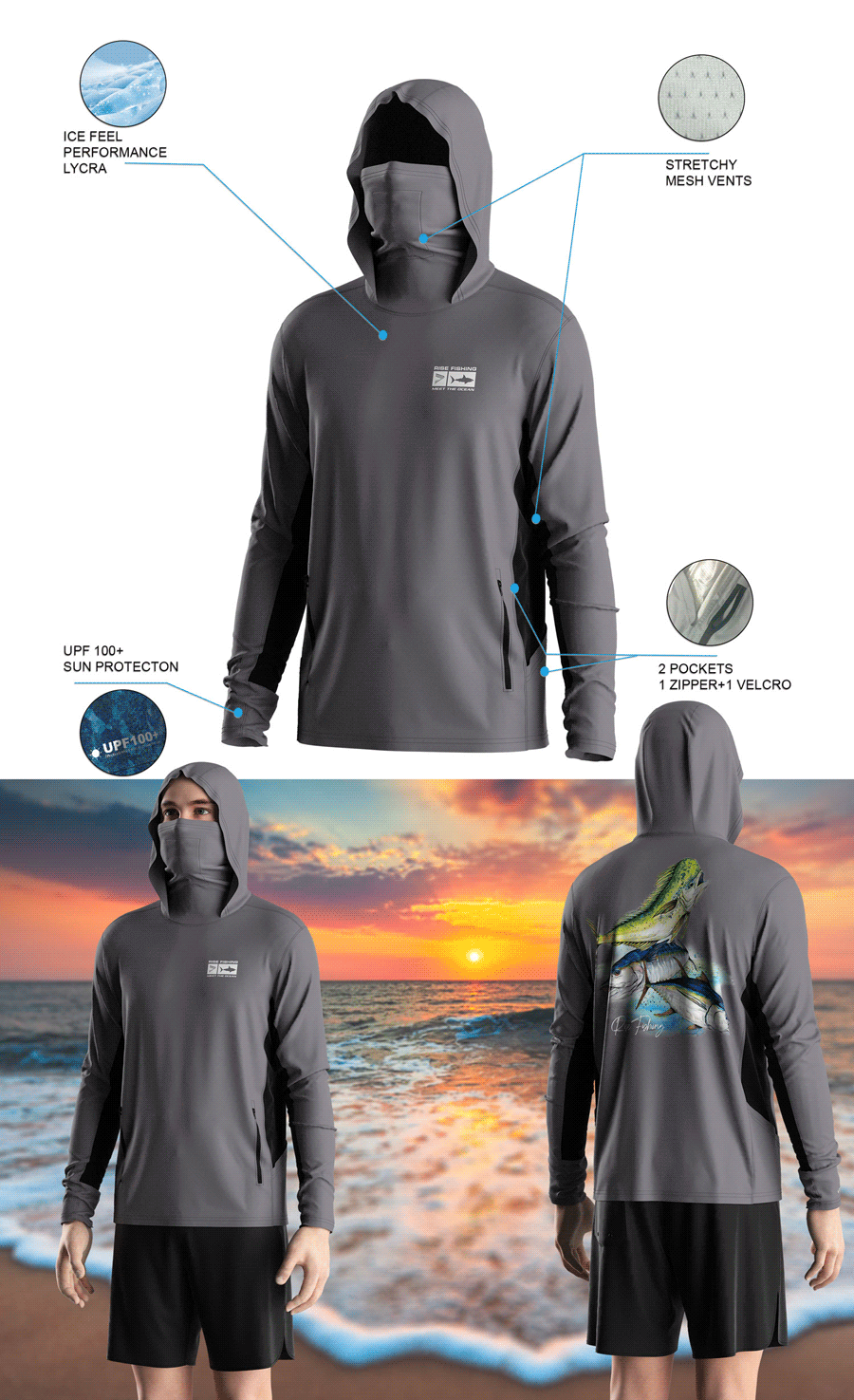 Details features of Men's Long-Sleeve Hoodie with Pocket and Built-in Face Cover – Standard Construction (Side Panel Extends Through Underarm to Sleeve Hem). Front and back view of Male model wearing hood fishing shirt w/ mask.