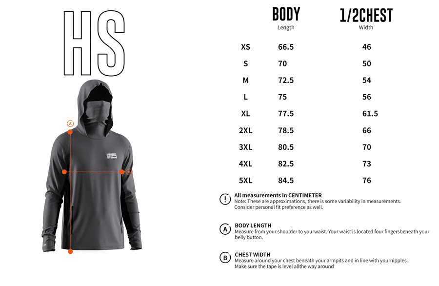 Size chart of Men's Long-Sleeve Hoodie with Pocket and Built-in Face Cover – Standard Construction (Side Panel Extends Through Underarm to Sleeve Hem).