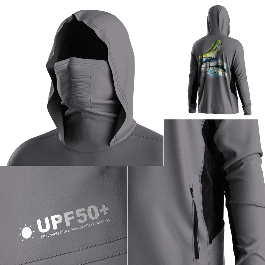 Four details of Men's Long sleeve Fishing Hood Shirt with Pocket and Built-in Face Cover (Side Panel Extends Through Underarm to Sleeve Hem)