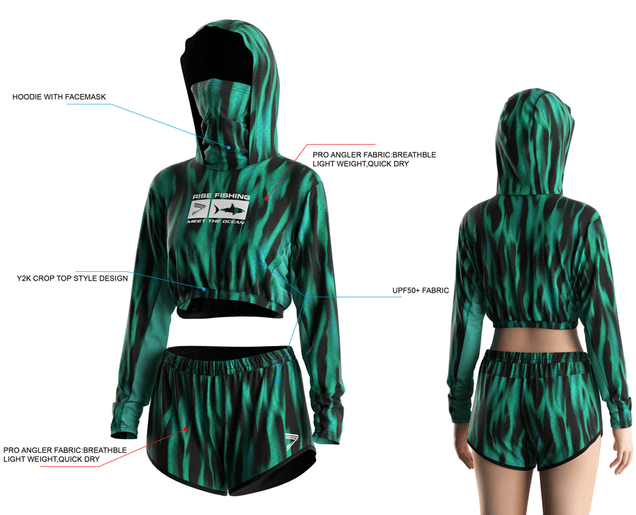 Details features, Front and back view of Women's Cropped Mask Fishing Hooded Shirts and Shorts Set.