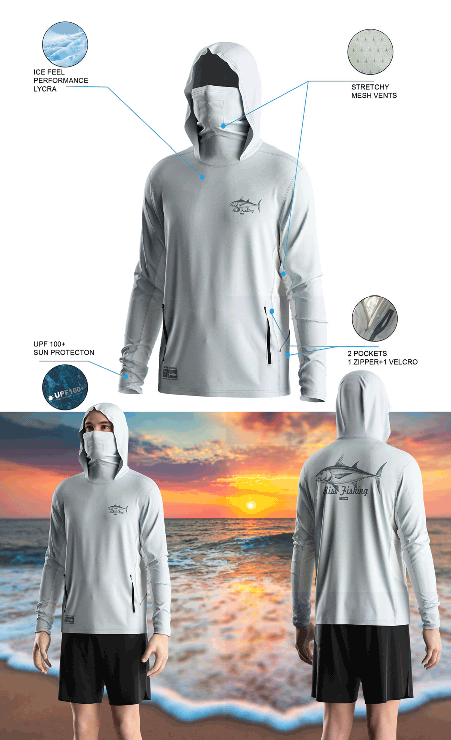 Details features of Men's Long-Sleeve Hoodie with Pocket and Built-in Face Cover – Standard Construction (Side Panel Extends Through Underarm to Sleeve Hem). Front and back view of Male model wearing hood fishing shirt w/ mask.
