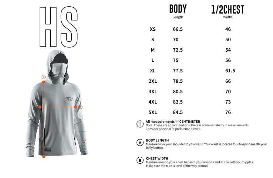 Size chart of Men's Long-Sleeve Hoodie with Pocket and Built-in Face Cover – Standard Construction (Side Panel Extends Through Underarm to Sleeve Hem).