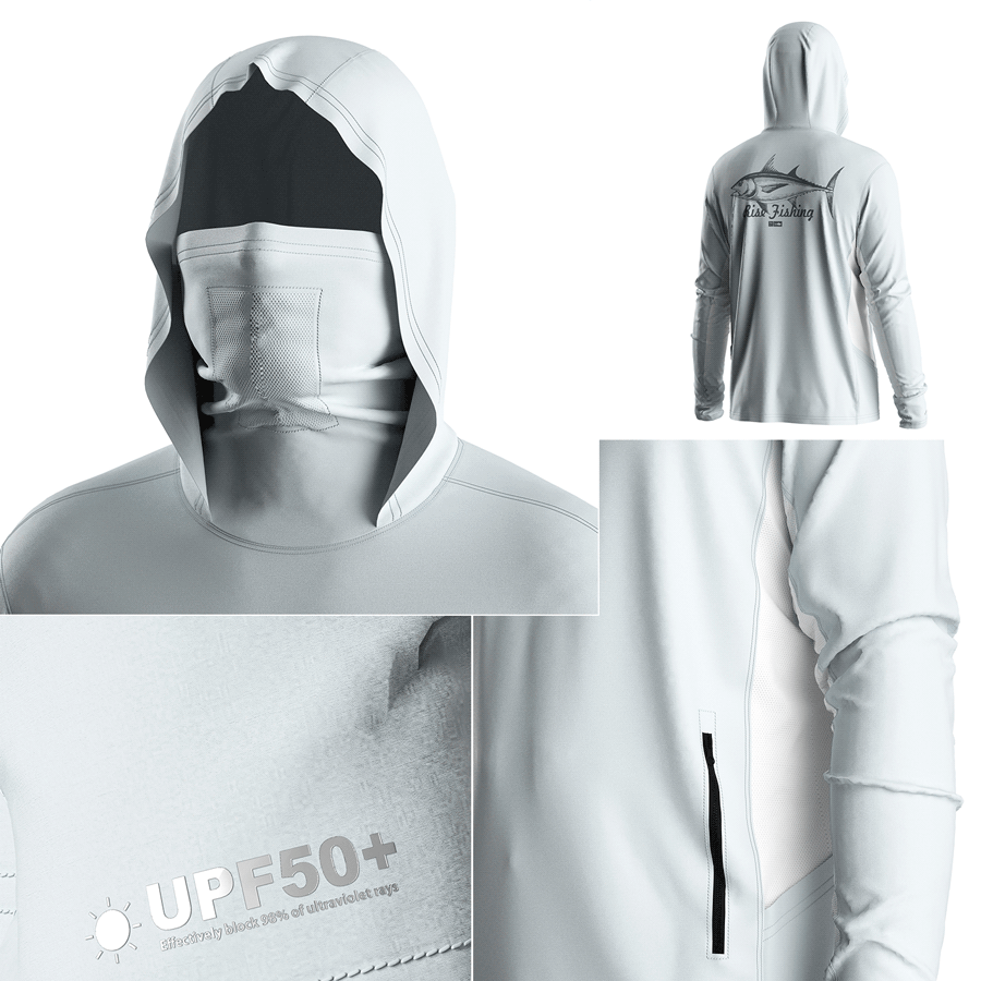 Four details of Men's Long sleeve Fishing Hood Shirt with Pocket and Built-in Face Cover (Side Panel Extends Through Underarm to Sleeve Hem)