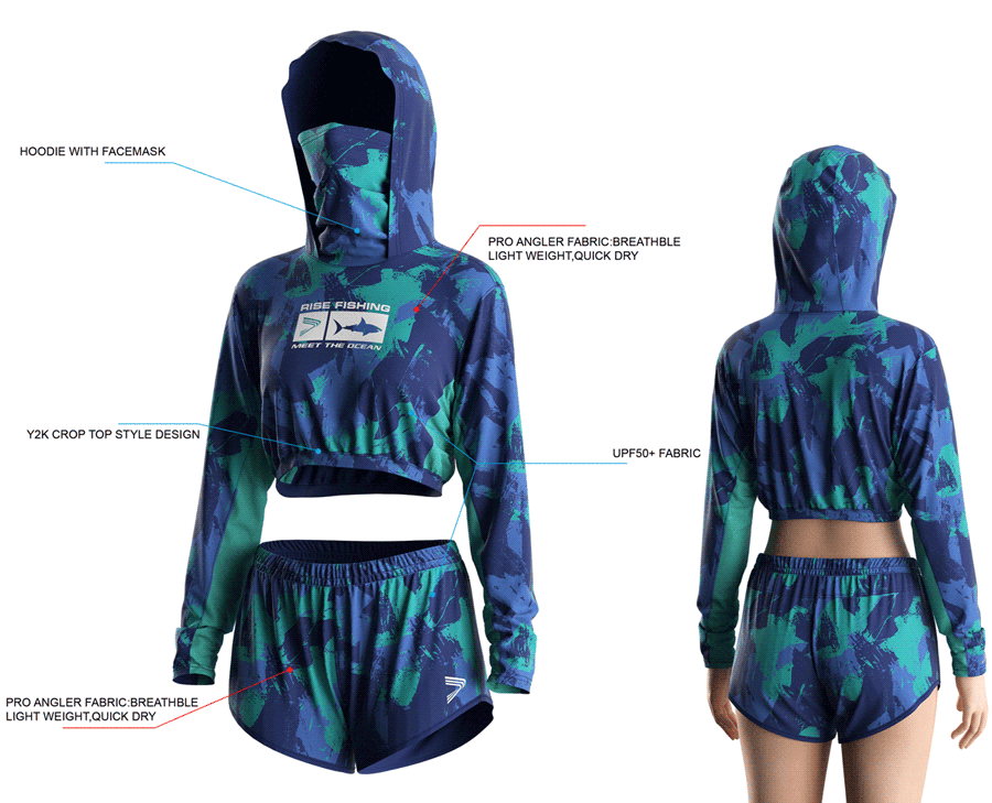 Details features, Front and back view of Women's Cropped Mask Fishing Hooded Shirts and Shorts Set.