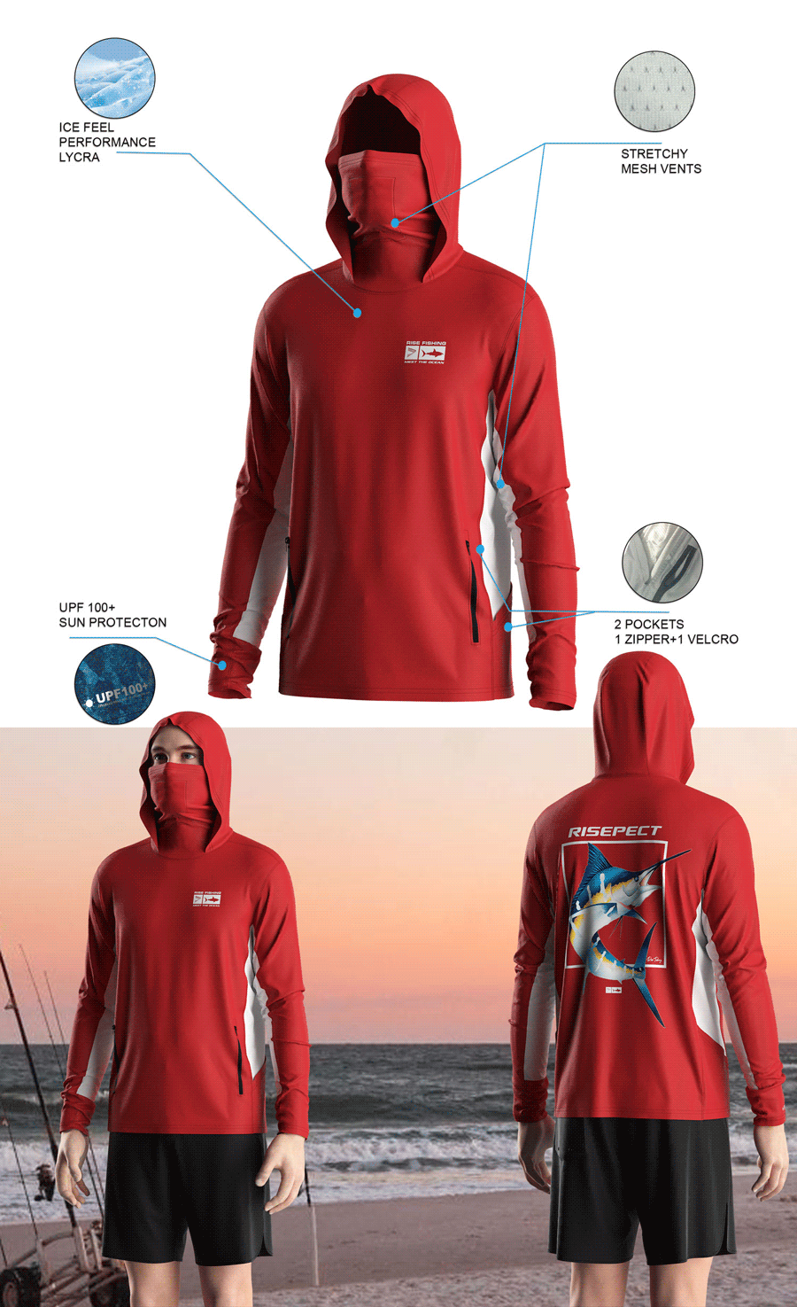 Details features of Men's Long-Sleeve Hoodie with Pocket and Built-in Face Cover – Standard Construction (Side Panel Extends Through Underarm to Sleeve Hem). Front and back view of Male model wearing hood fishing shirt w/ mask.
