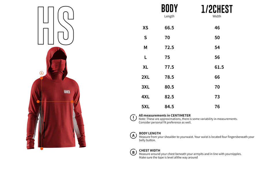 Size chart of Men's Long-Sleeve Hoodie with Pocket and Built-in Face Cover – Standard Construction (Side Panel Extends Through Underarm to Sleeve Hem).