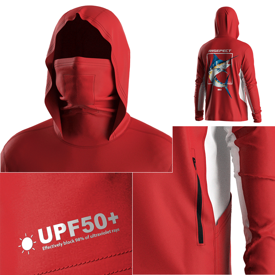 Four details of Men's Long sleeve Fishing Hood Shirt with Pocket and Built-in Face Cover (Side Panel Extends Through Underarm to Sleeve Hem)