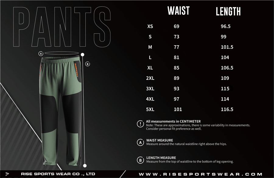 Men's U.S. and EU standard size chart for fishing pants in centimeters, showing waist and length measurements.