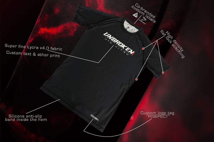 Co-branded Unbroken jiujitsu rash guard details feature