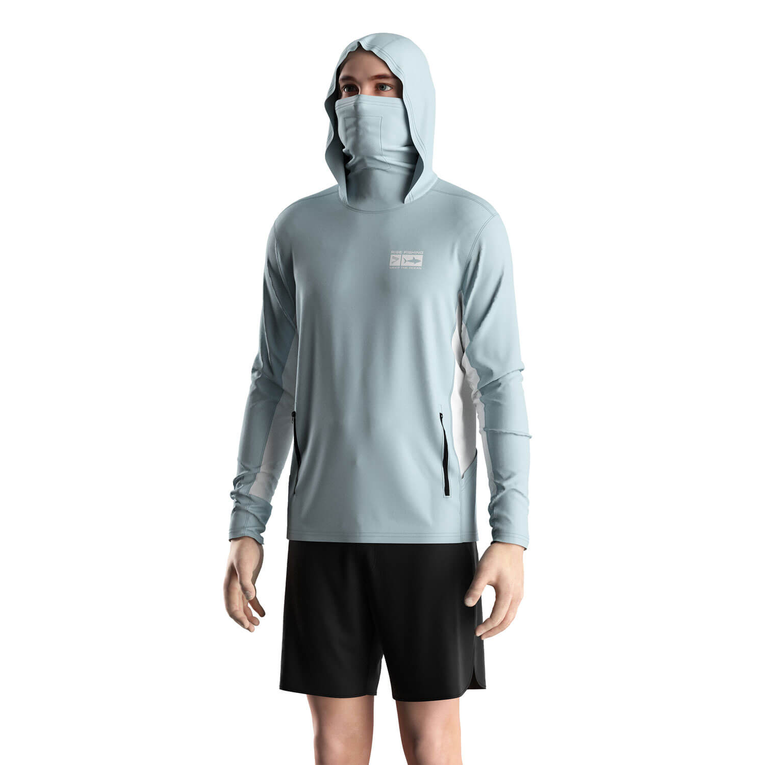 
                Light Blue Fishing Hoodie LS Men's UPF Sun Mask Shirt Factory Supplier