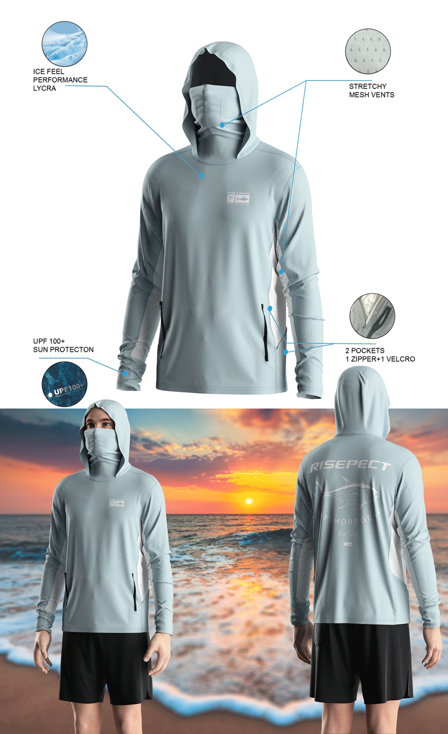 Details features of Men's Long-Sleeve Hoodie with Pocket and Built-in Face Cover – Standard Construction (Side Panel Extends Through Underarm to Sleeve Hem). Front and back view of Male model wearing hood fishing shirt w/ mask.
