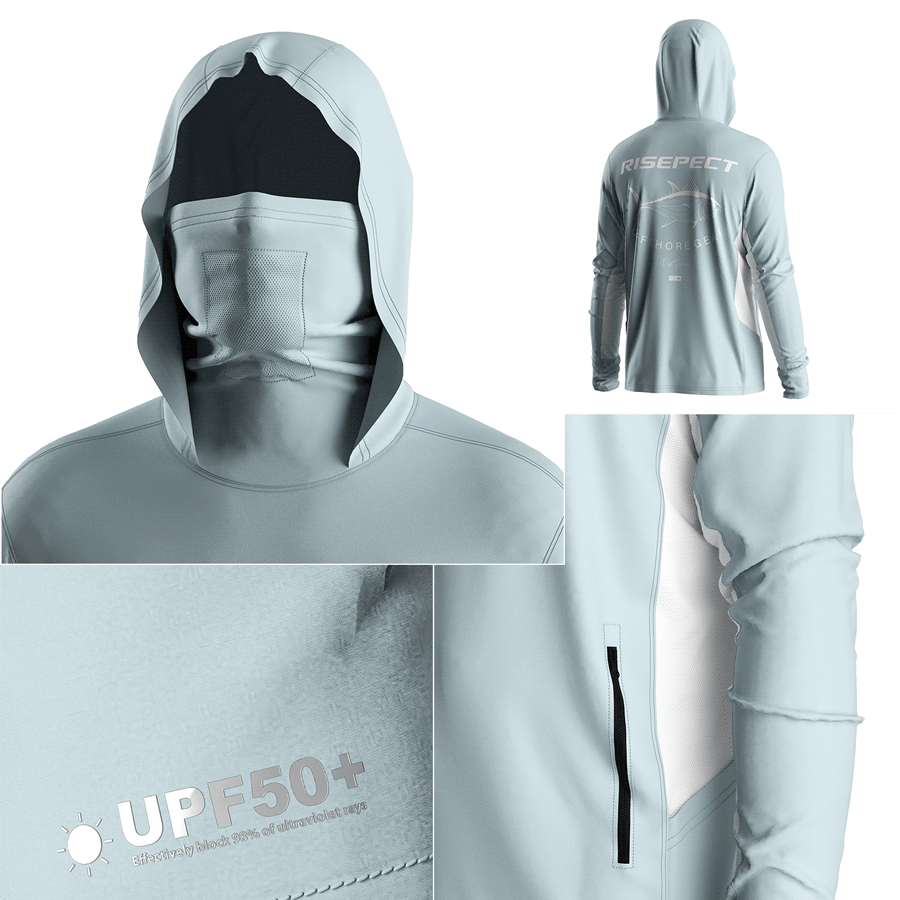 Four details of Men's Long sleeve Fishing Hood Shirt with Pocket and Built-in Face Cover (Side Panel Extends Through Underarm to Sleeve Hem)