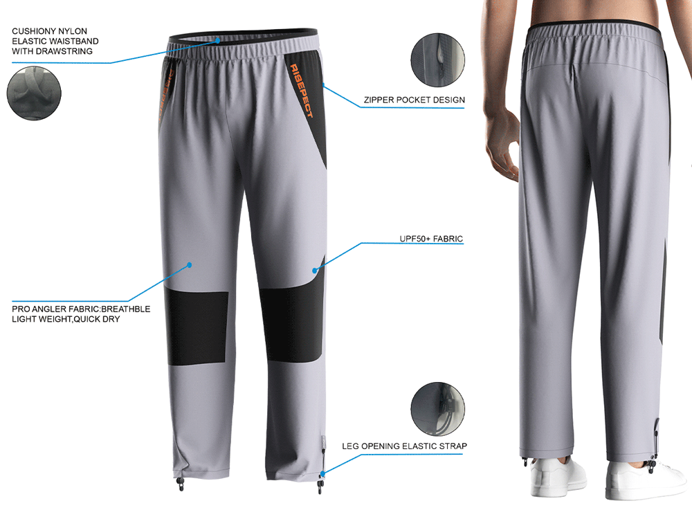 Back view and close-up details of men's Lightweight Fishing Pants, showing fit, waistband, zipper pocket, and leg strap.