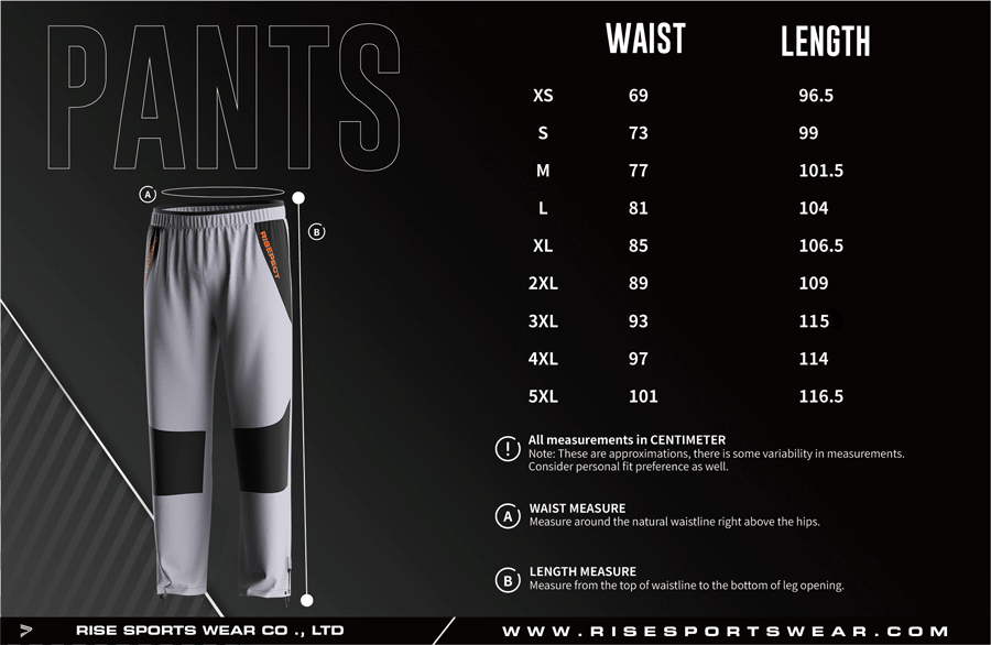 Men's U.S. and EU standard size chart for lightweight fishing pants in centimeters, showing waist and length measurements.