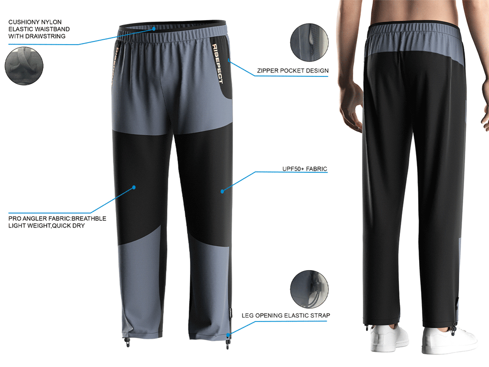 Back view and close-up details of men's UV fishing pants, showing fit, waistband, zipper pocket, and leg strap.