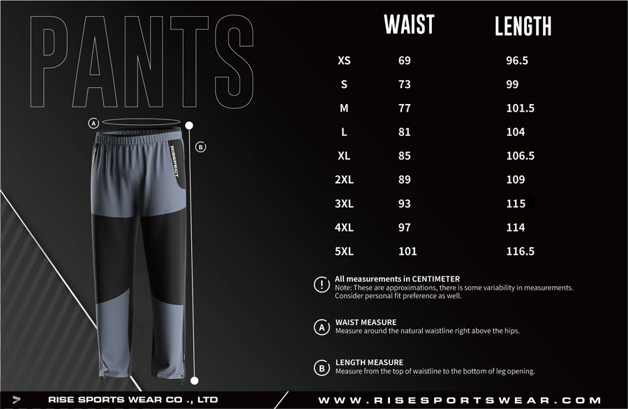 Men's U.S. and EU standard size chart for fishing pants in centimeters, showing waist and length measurements.