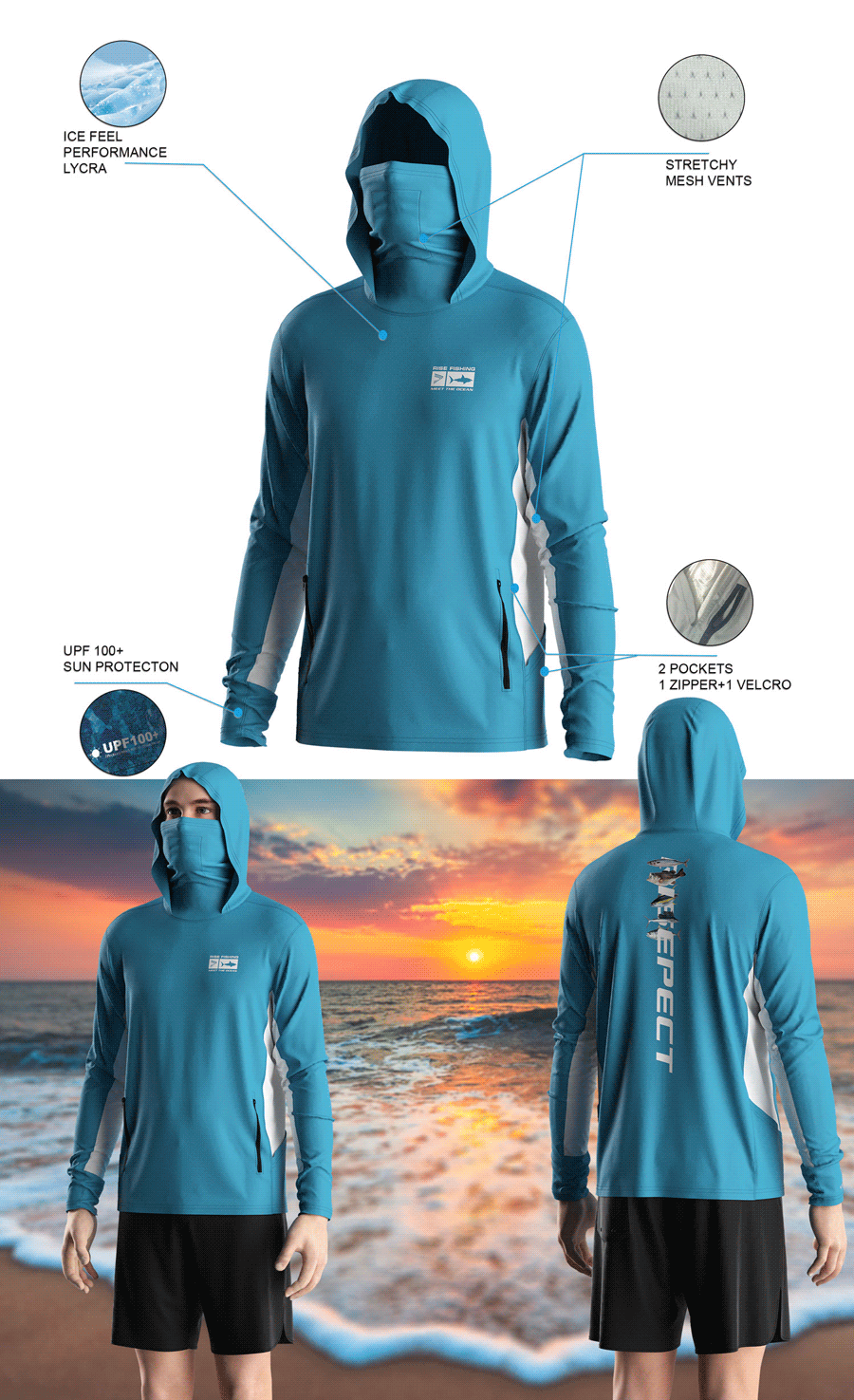 Details features of Men's Long-Sleeve Hoodie with Pocket and Built-in Face Cover – Standard Construction (Side Panel Extends Through Underarm to Sleeve Hem). Front and back view of Male model wearing hood fishing shirt w/ mask.