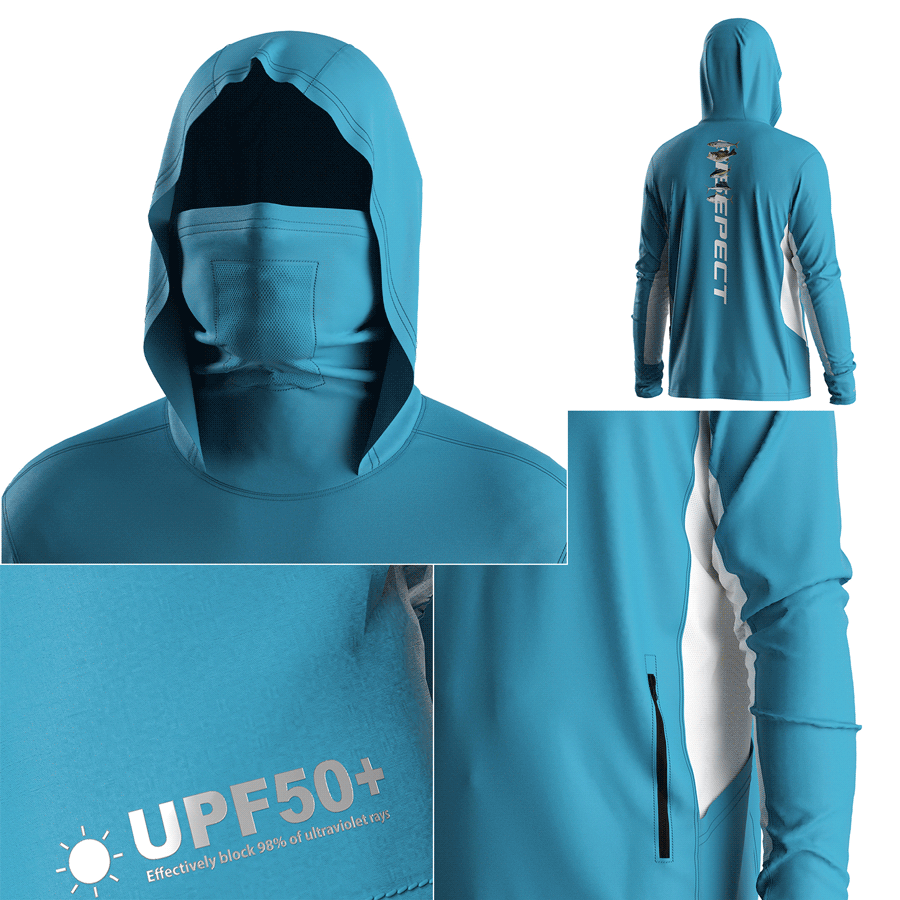 Four details of Men's Long sleeve Fishing Hood Shirt with Pocket and Built-in Face Cover (Side Panel Extends Through Underarm to Sleeve Hem)