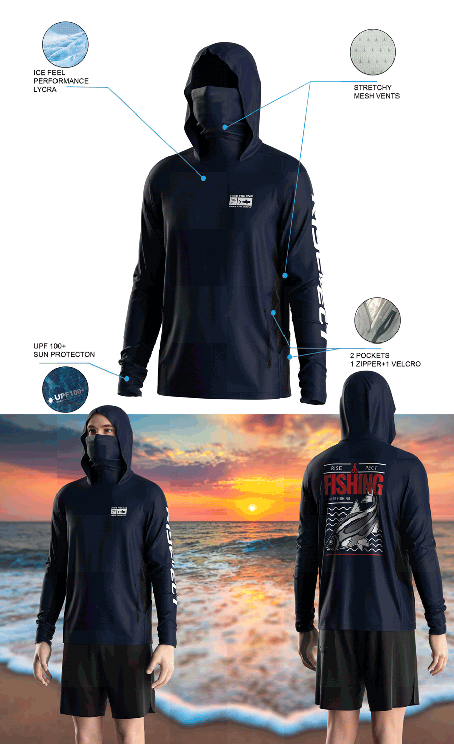 Details features of Men's Long-Sleeve Hoodie with Pocket and Built-in Face Cover – Standard Construction (Side Panel Extends Through Underarm to Sleeve Hem). Front and back view of Male model wearing hood fishing shirt w/ mask.