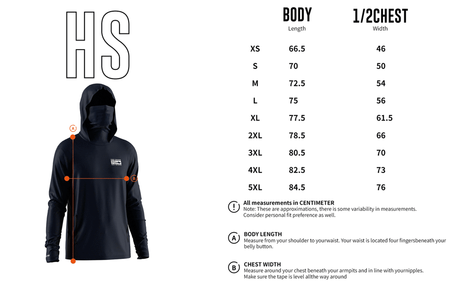 Size chart of Men's Long-Sleeve Hoodie with Pocket and Built-in Face Cover – Standard Construction (Side Panel Extends Through Underarm to Sleeve Hem).