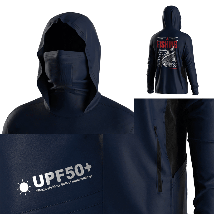 Four details of Men's Long sleeve Fishing Hood Shirt with Pocket and Built-in Face Cover (Side Panel Extends Through Underarm to Sleeve Hem)