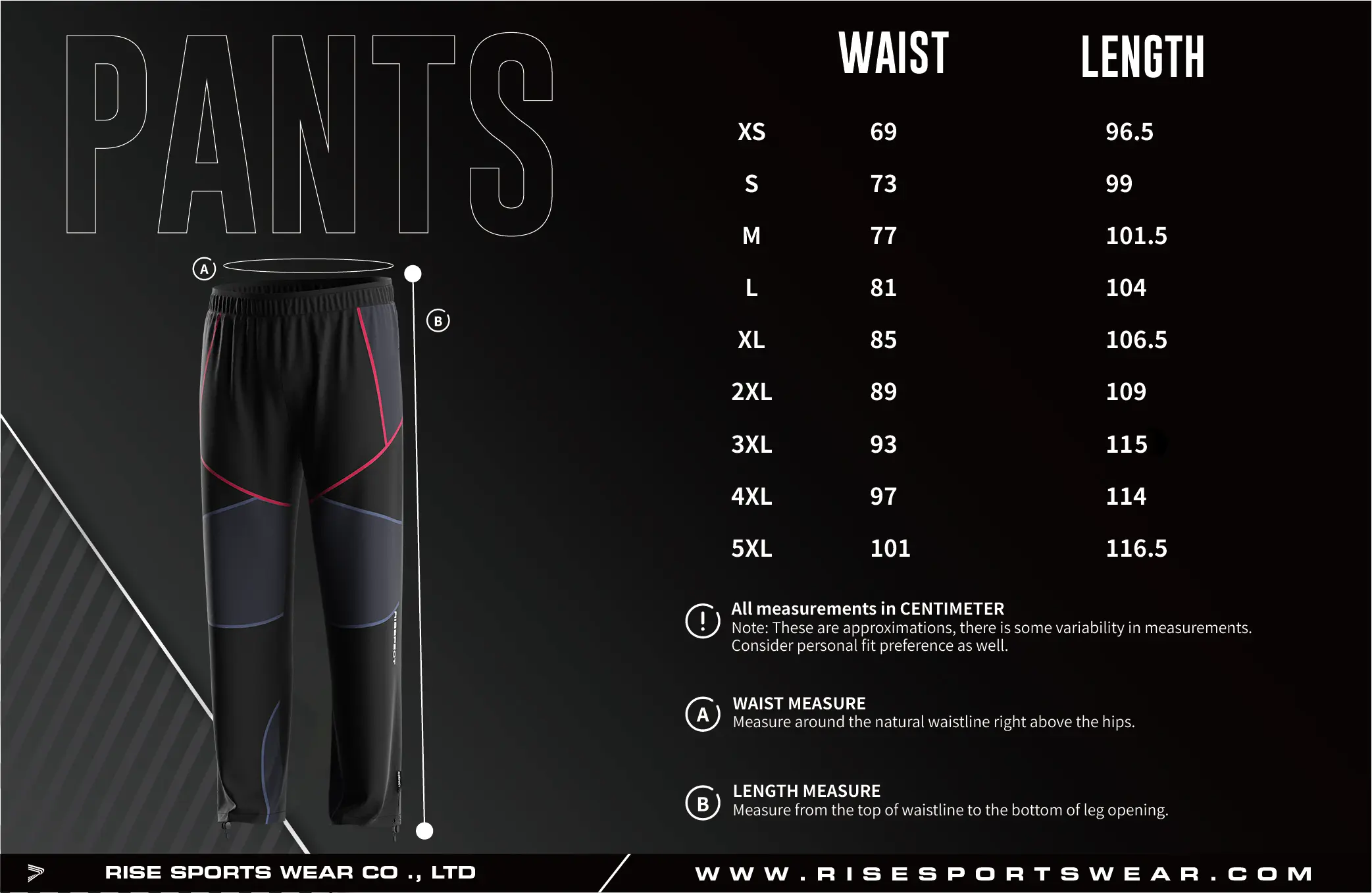 Men's U.S. and EU standard size chart for UV Protection Fishing Pants in centimeters, showing waist and length measurements.