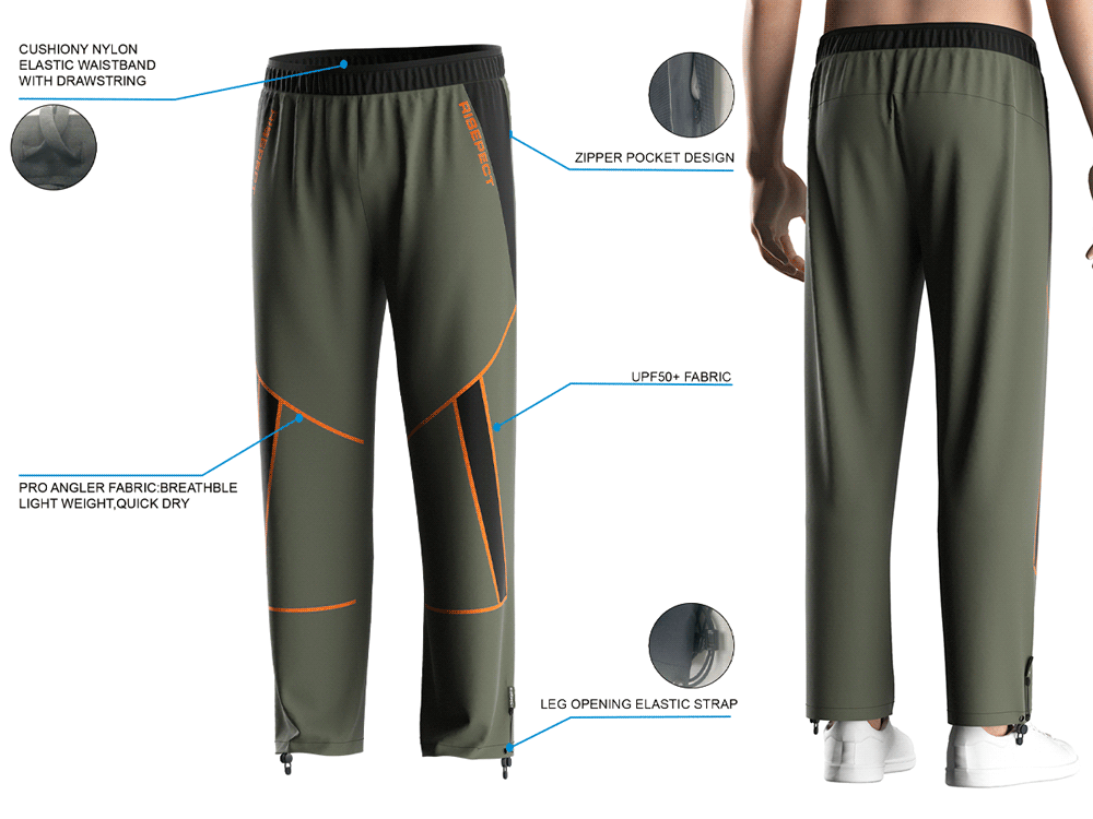 Back view and close-up details of Nylon Fishing Pants, showing fit, waistband, zipper pocket, and leg strap.