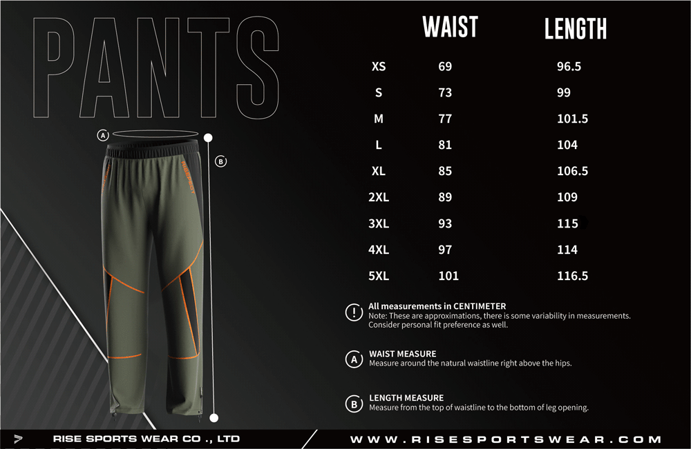 Men's U.S. and EU standard size chart for Nylon Fishing Pants in centimeters, showing waist and length measurements.