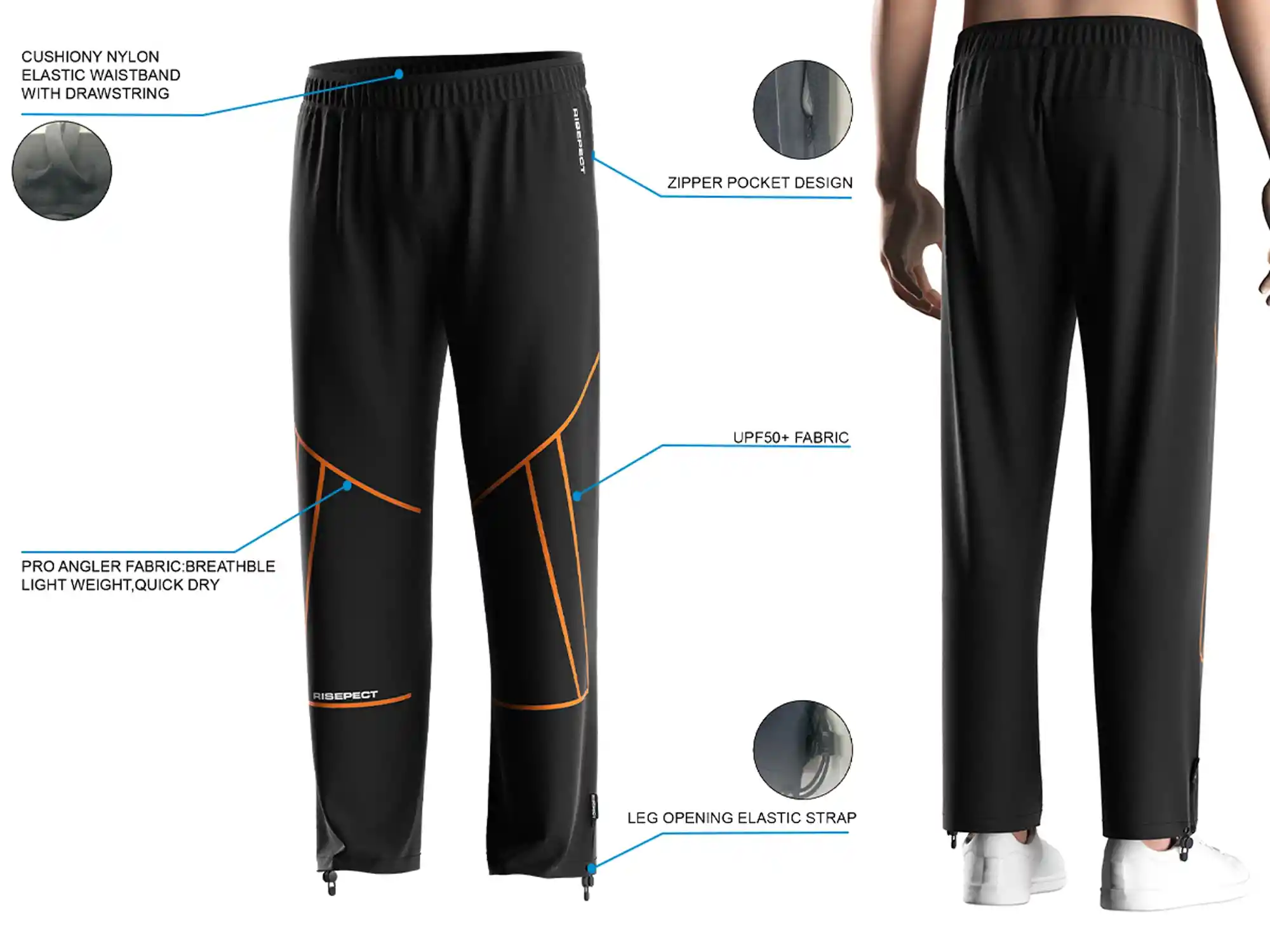 Back view and close-up details of Sun Pants for Fishing Summer Mens Lightweight Style, showing fit, waistband, zipper pocket, and leg strap.