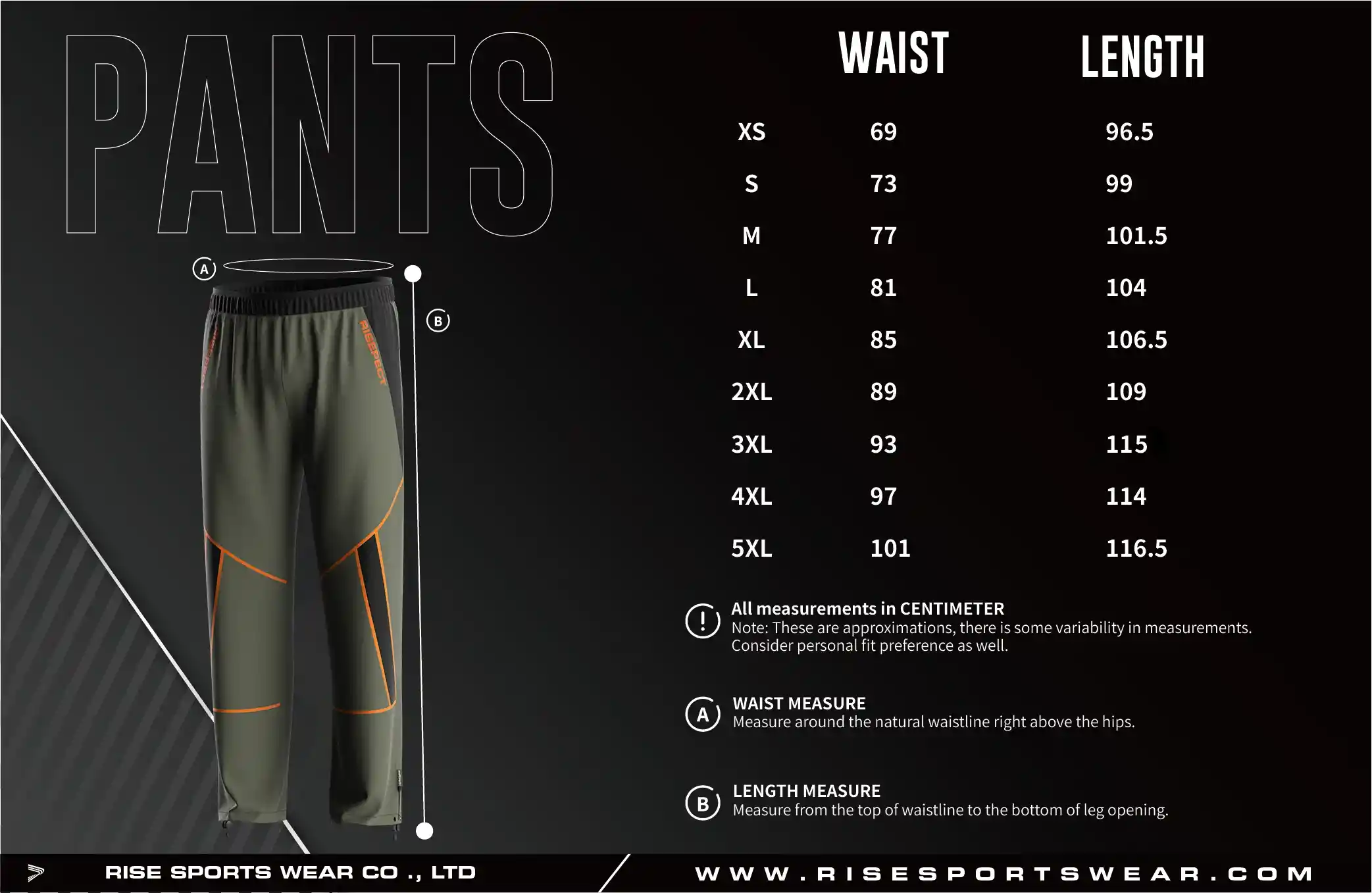 Men's U.S. and EU standard size chart for Sun Pants for Fishing Summer Mens Lightweight Style in centimeters, showing waist and length measurements.