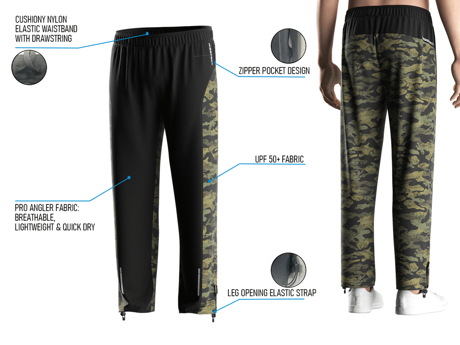Back view and close-up details of men's UV fishing pants, showing fit, waistband, zipper pocket, and leg strap.