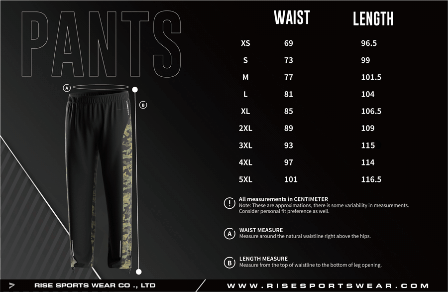 Men's U.S. and EU standard size chart for fishing pants in centimeters, showing waist and length measurements.