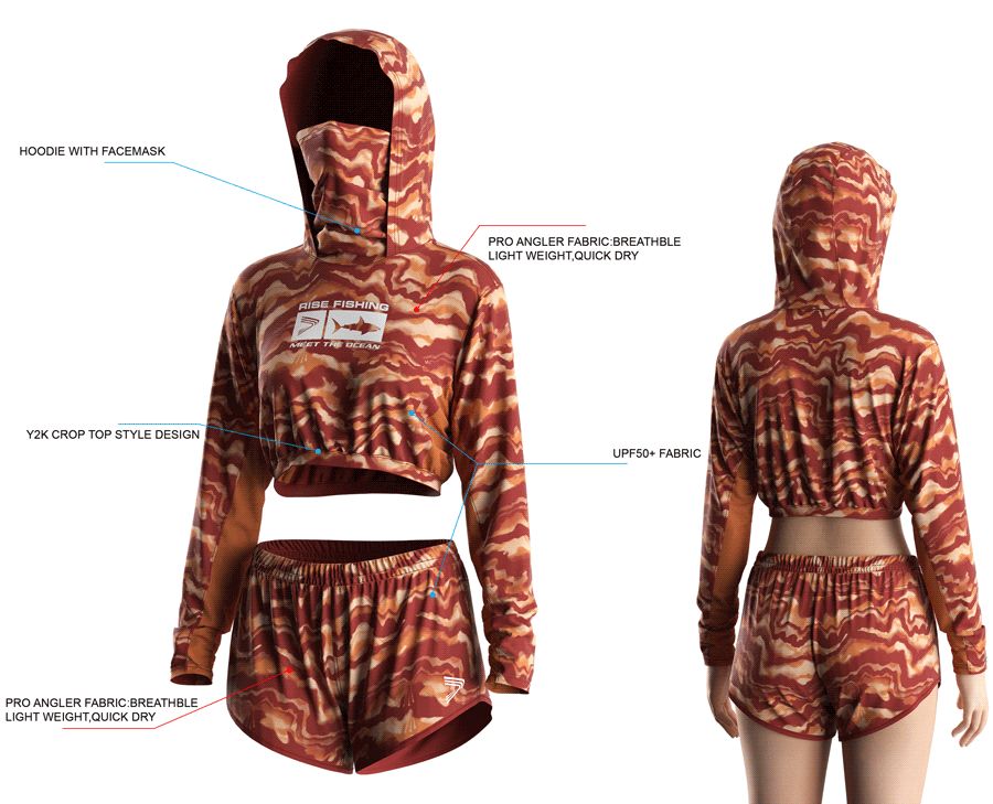 Details features, Front and back view of Women's Cropped Mask Fishing Hooded Shirts and Shorts Set.