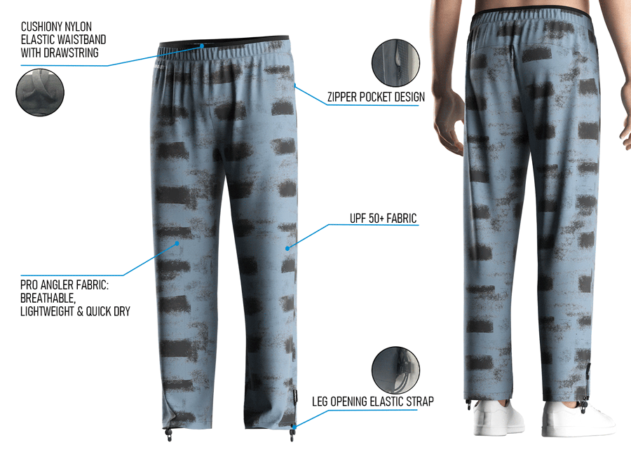 Back view and close-up details of men's UV fishing pants, showing fit, waistband, zipper pocket, and leg strap.