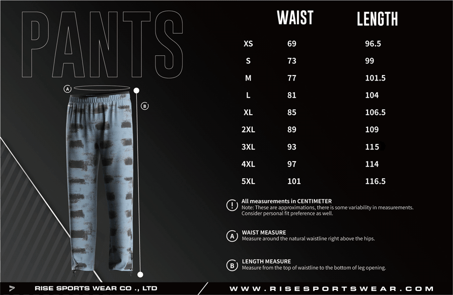 Men's U.S. and EU standard size chart for fishing pants in centimeters, showing waist and length measurements.