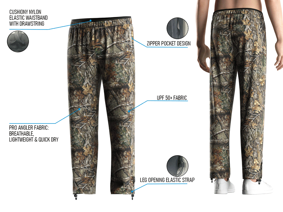 Back view and close-up details of men's UV fishing pants, showing fit, waistband, zipper pocket, and leg strap.