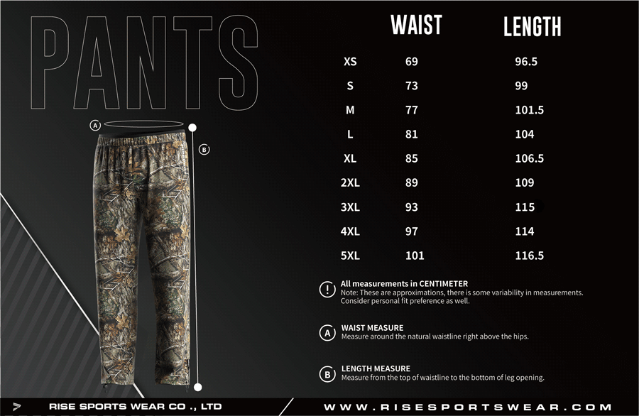 Men's U.S. and EU standard size chart for fishing pants in centimeters, showing waist and length measurements.