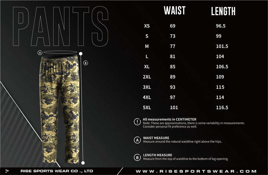 Men's U.S. and EU standard size chart for fishing pants in centimeters, showing waist and length measurements.