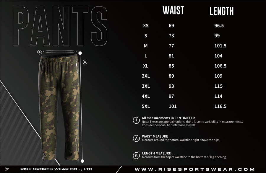 Men's U.S. and EU standard size chart for fishing pants in centimeters, showing waist and length measurements.